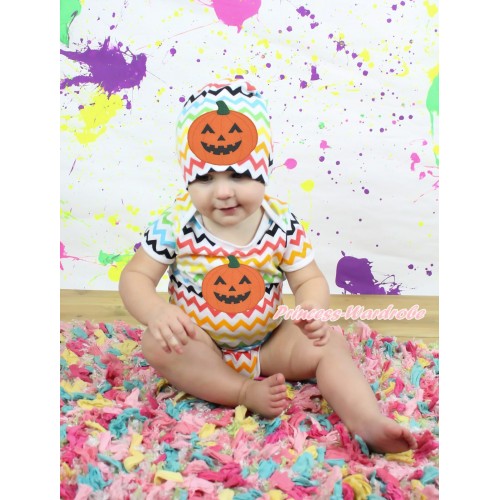 Halloween Rainbow Chevron Baby Jumpsuit & Pumpkin Print & Cap Set JP64